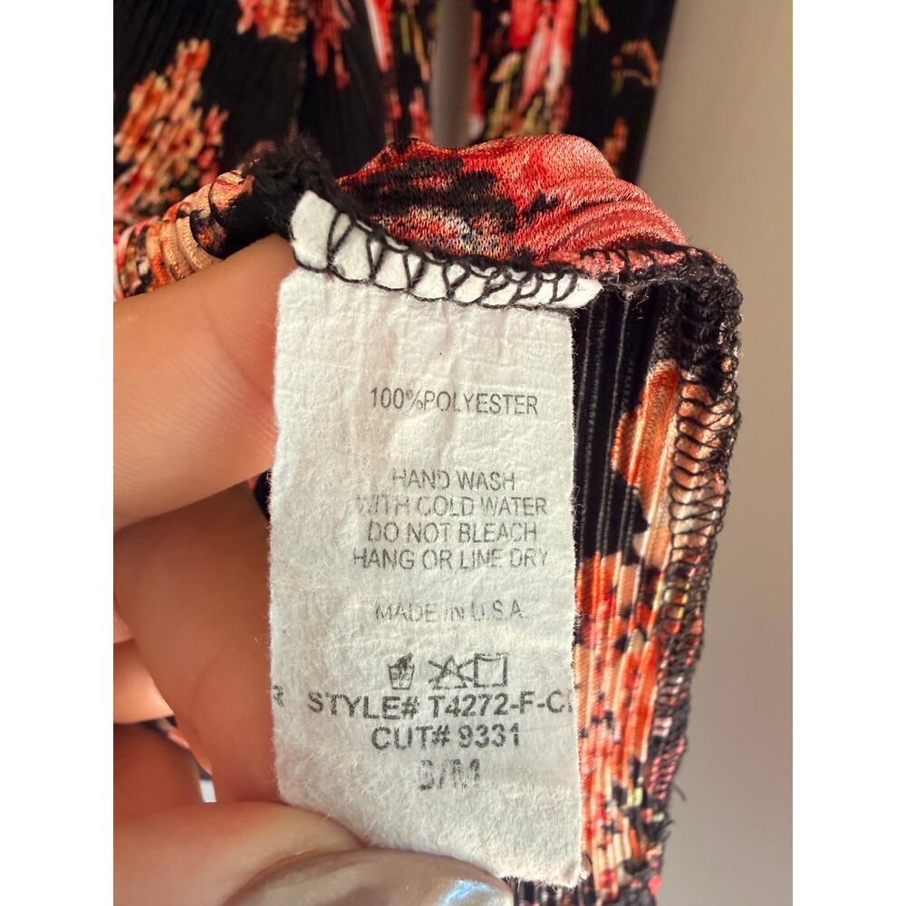 Frumos Floral Pleated Duster Cardigan Black Red Pink Boho Open Front M - Picture 5 of 6